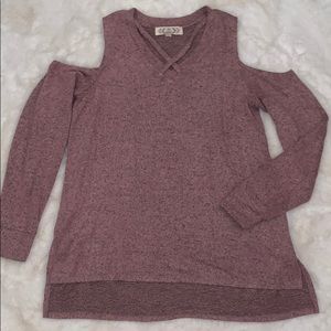 Open shoulder, long sleeve sweater